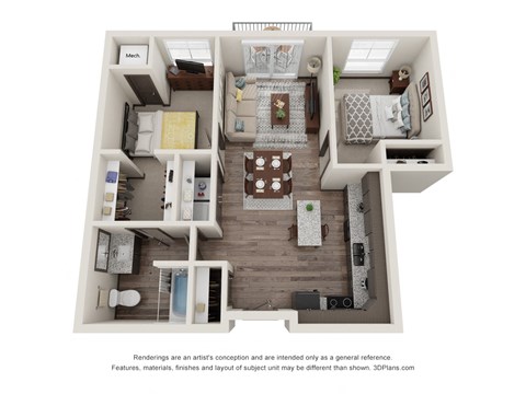Floor plan for 2 beds, 1 bath, 891 sqft